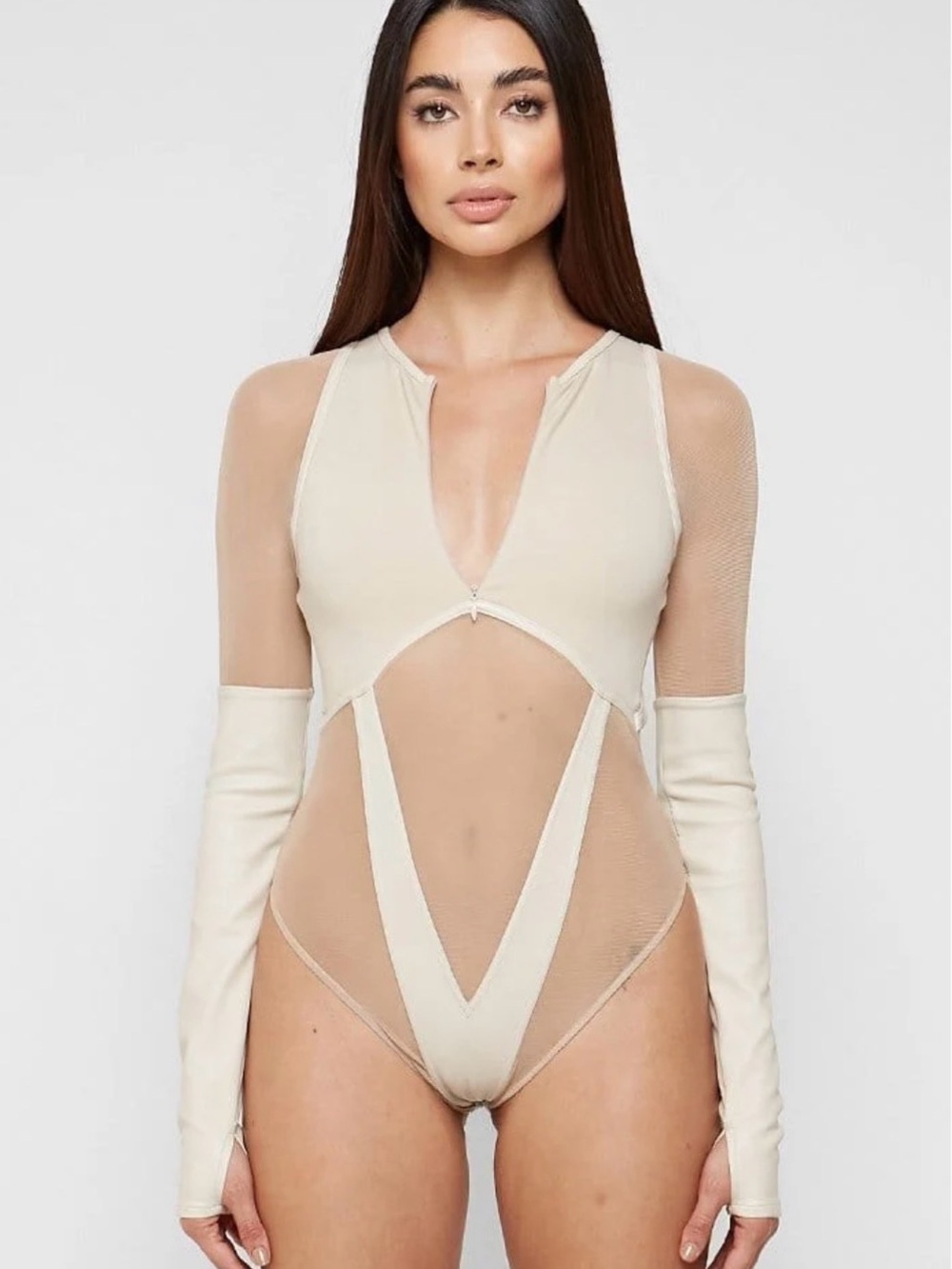 Maniere De Voir Cream Mesh Cutout Long-Sleeve Bodysuit